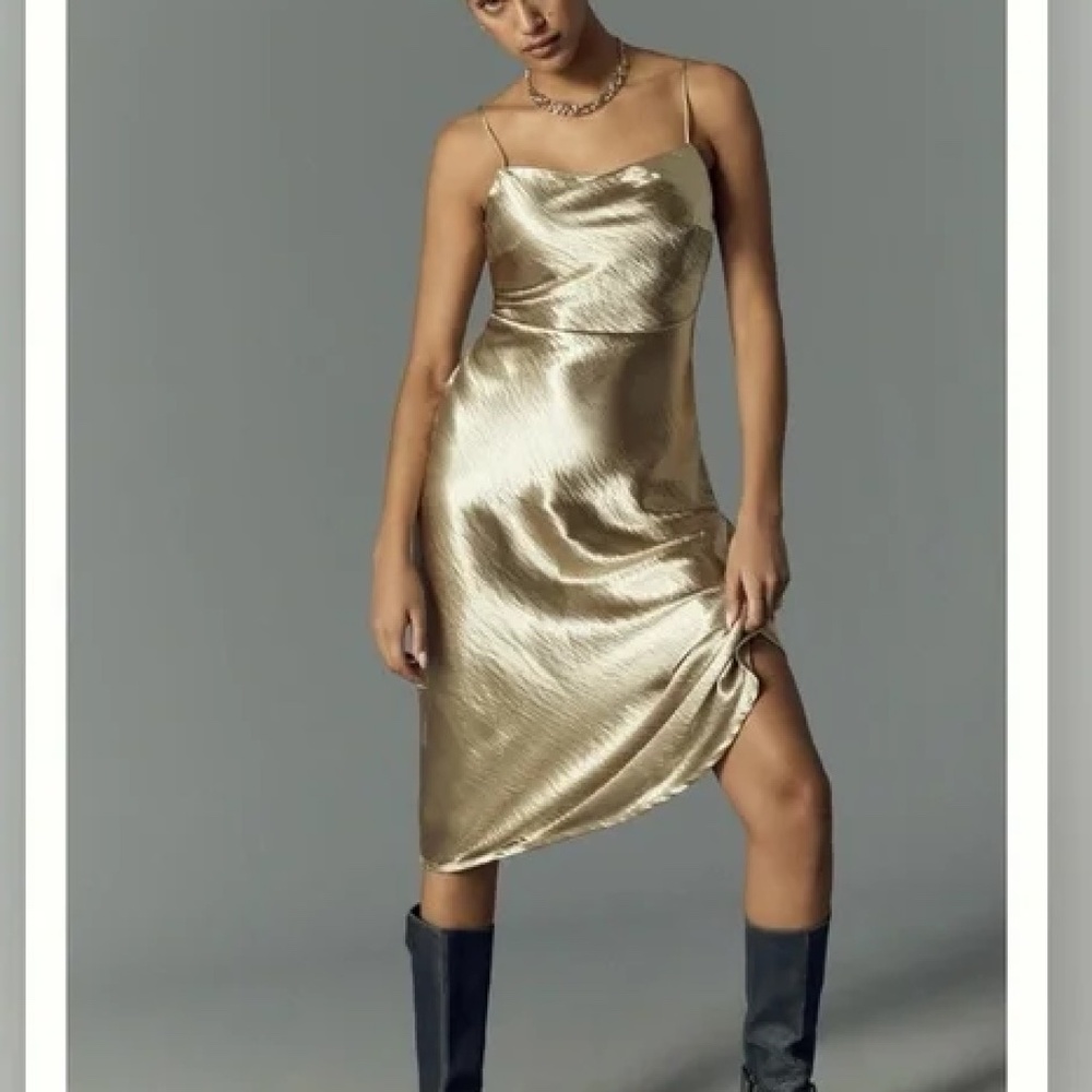 NWT Anthropologie Gold Spaghetti Strap Bias Cut Midi Dress